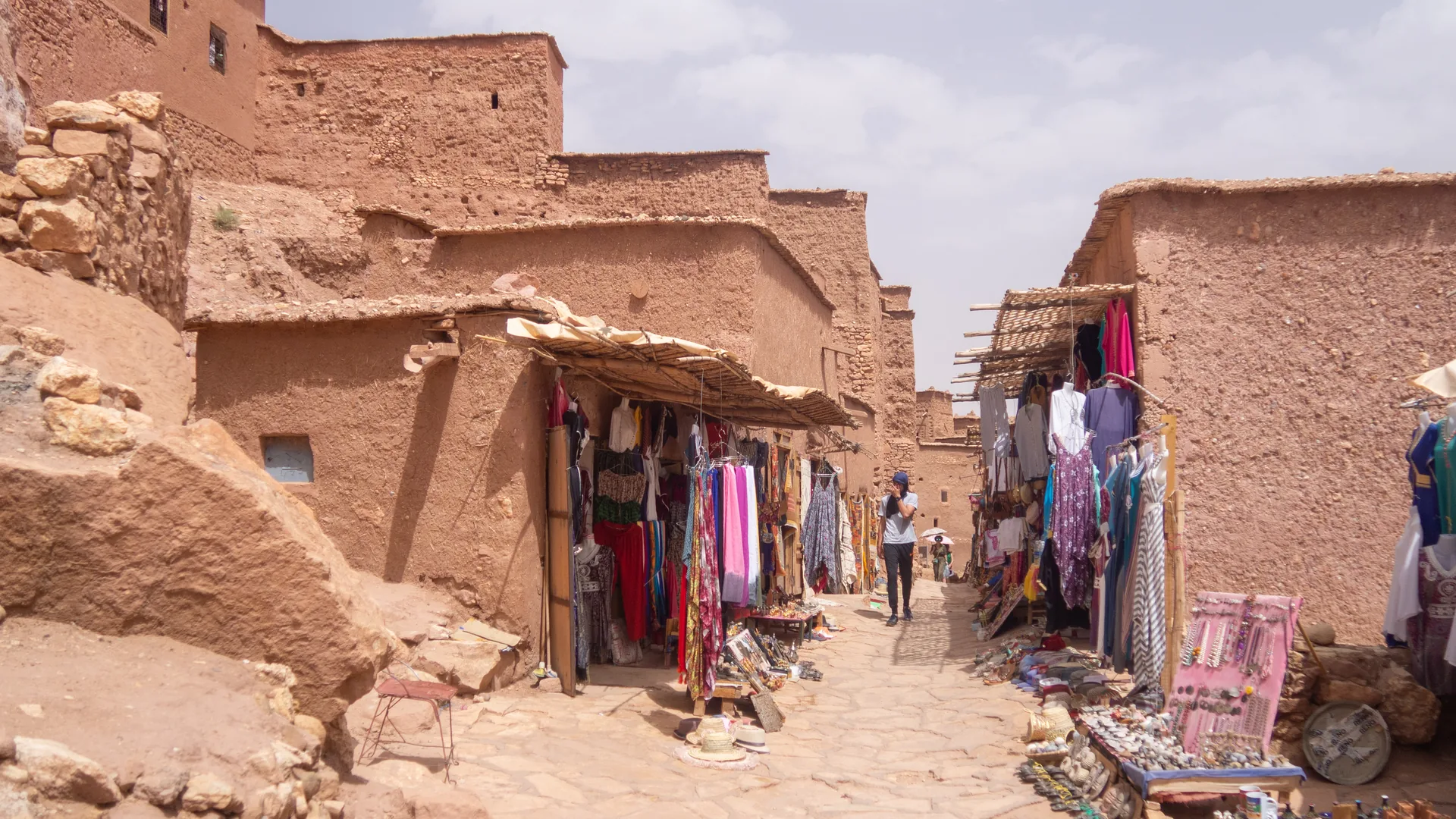 The earthen kasbahs of Aït Benhaddou rising above the valley, Morocco